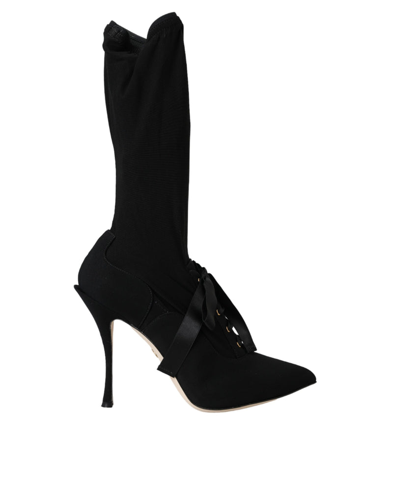 Black Stiletto Heels Mid Calf Boots Shoes-Dolce & Gabbana-LabelTerrace.com
