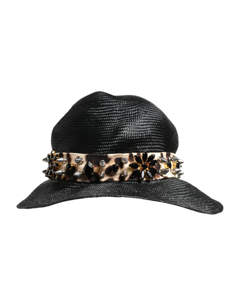 Black Straw Crystal Embellished Wide Brim Hat-Dolce & Gabbana-LabelTerrace.com