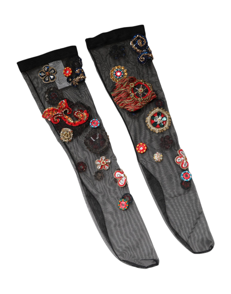 Black Stretch Carretto Crystal Stockings Socks-Dolce & Gabbana-LabelTerrace.com