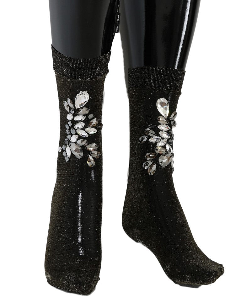 Black Stretch Floral Clear Crystal Socks-Dolce & Gabbana-LabelTerrace.com