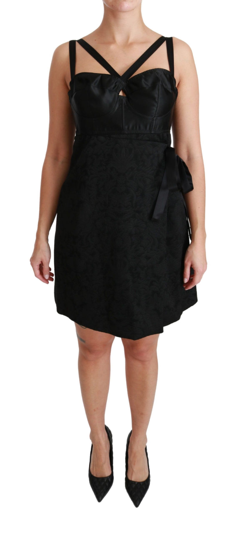 Black Stretch Satin Jacquard Mini Dress-Dolce & Gabbana-LabelTerrace.com