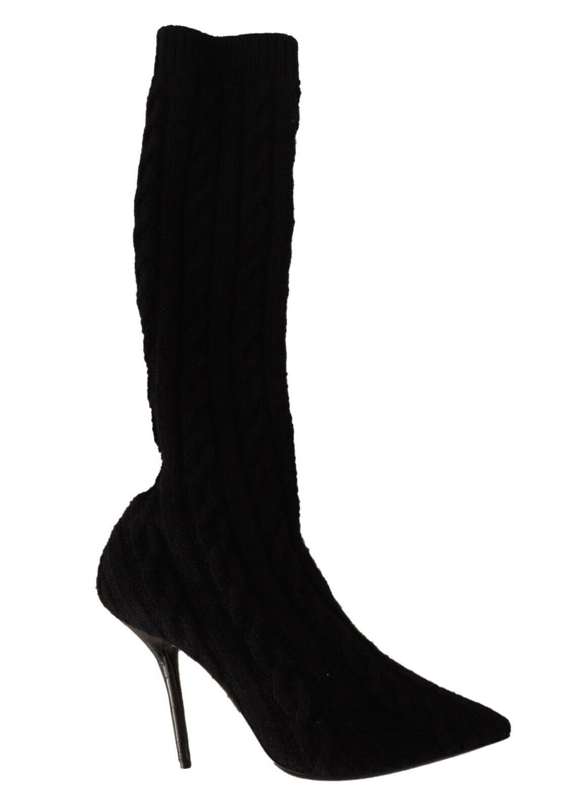 Black Stretch Socks Knee High Booties Shoes-Dolce & Gabbana-LabelTerrace.com