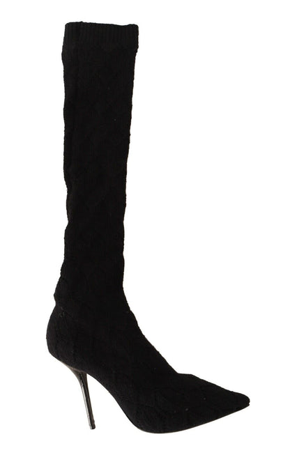 Black Stretch Socks Knee High Booties Shoes-Dolce & Gabbana-LabelTerrace.com