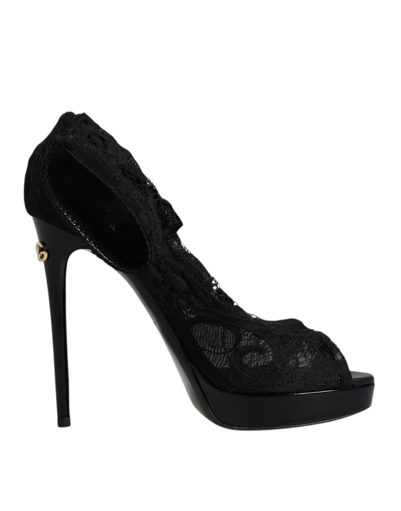 Black Stretch Taormina Lace Boots Shoes-Dolce & Gabbana-LabelTerrace.com