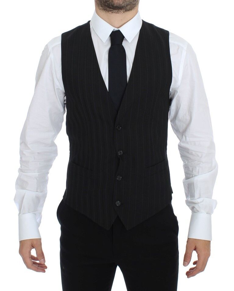 Black Striped Stretch Dress Vest Gilet-Dolce & Gabbana-LabelTerrace.com