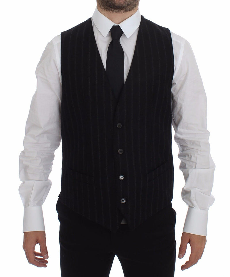 Black Striped Wool Logo Vest Gilet Weste-Dolce & Gabbana-LabelTerrace.com