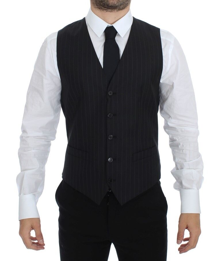 Black Striped Wool Silk Dress Vest Gilet-Dolce & Gabbana-LabelTerrace.com