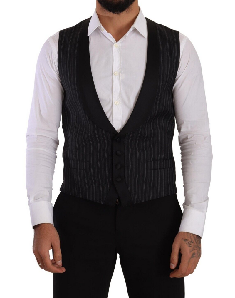 Black Striped Wool Silk Waistcoat Vest-Dolce & Gabbana-LabelTerrace.com
