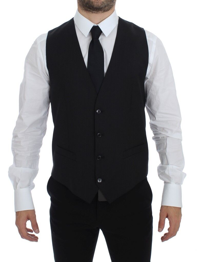 Black Striped Wool Single Breasted Vest-Dolce & Gabbana-LabelTerrace.com