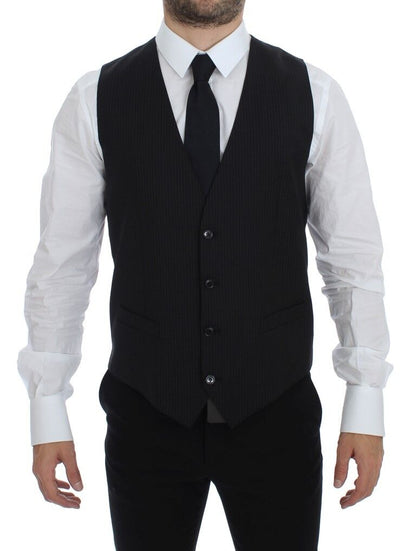 Black Striped Wool Single Breasted Vest-Dolce & Gabbana-LabelTerrace.com