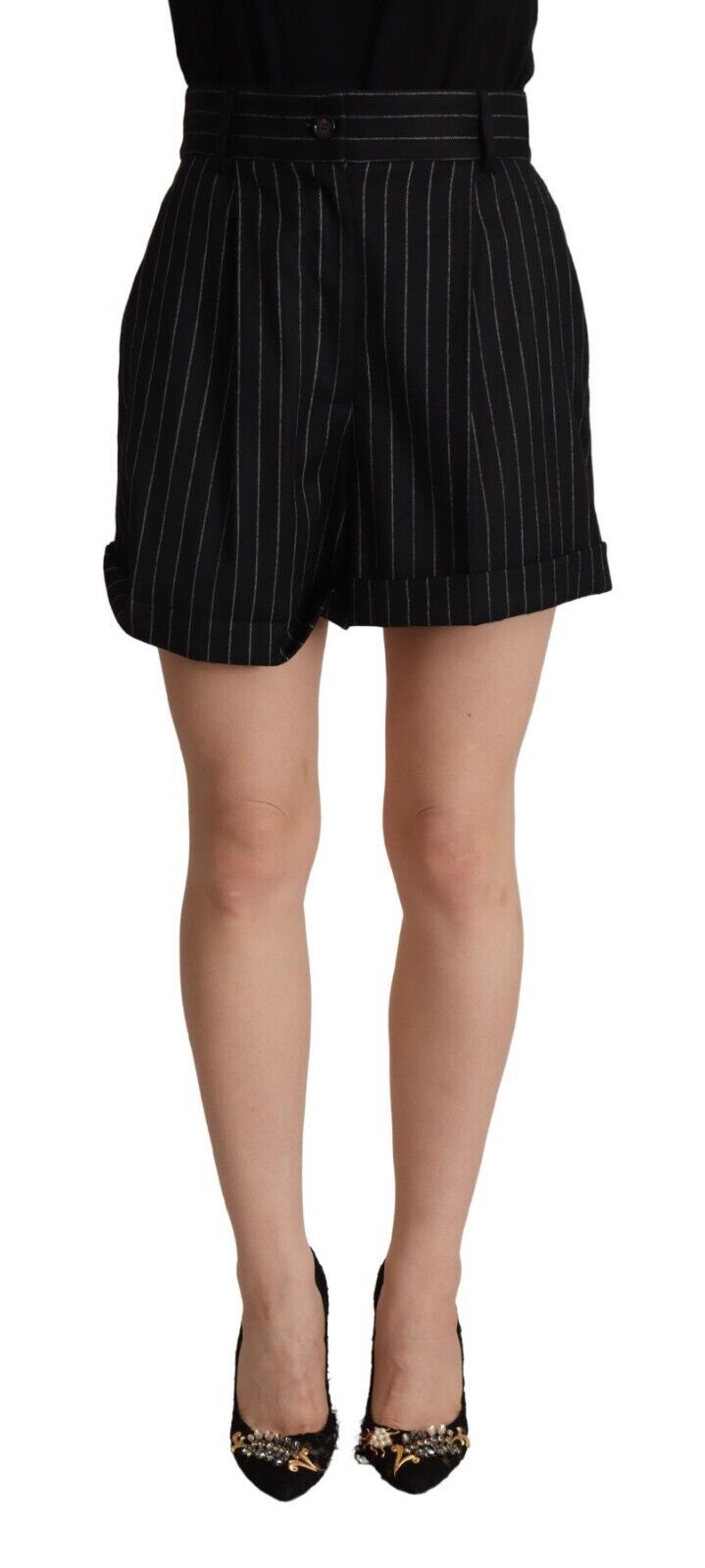 Black Stripes Wool High Waist Trouser Bermuda Shorts-Dolce & Gabbana-LabelTerrace.com