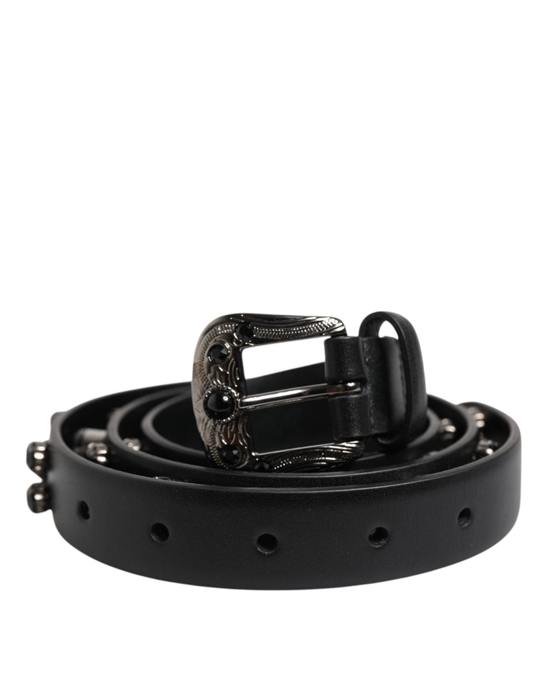 Black Studded Leather Metal Logo Buckle Belt-Dolce & Gabbana-LabelTerrace.com