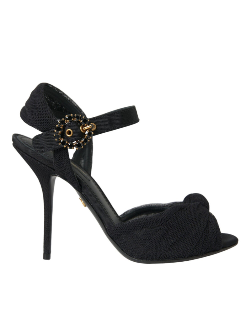 Black Suede Embellished Heels Sandals Shoes-Dolce & Gabbana-LabelTerrace.com