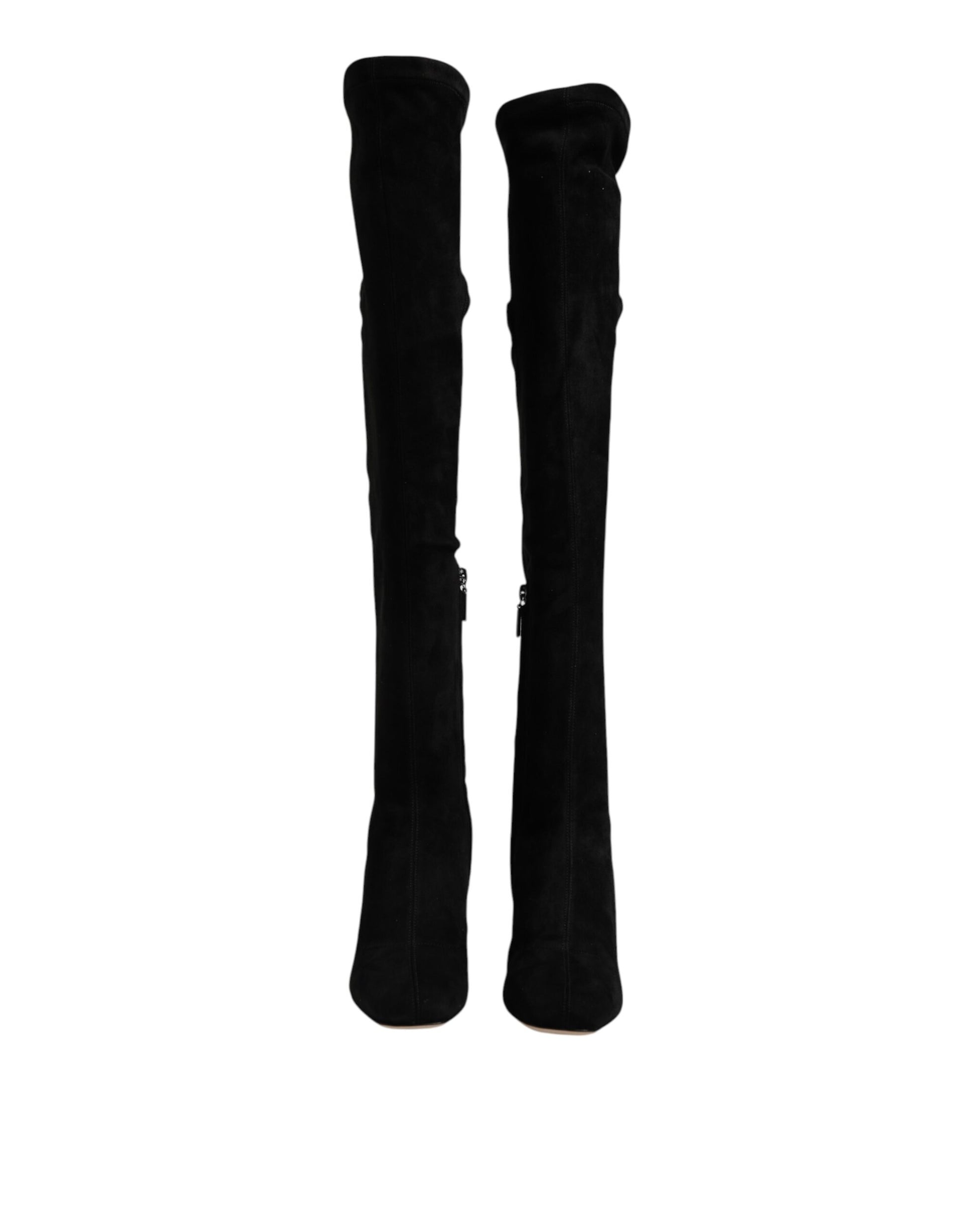 Black Suede Leather Knee High Boots Shoes-Dolce & Gabbana-LabelTerrace.com