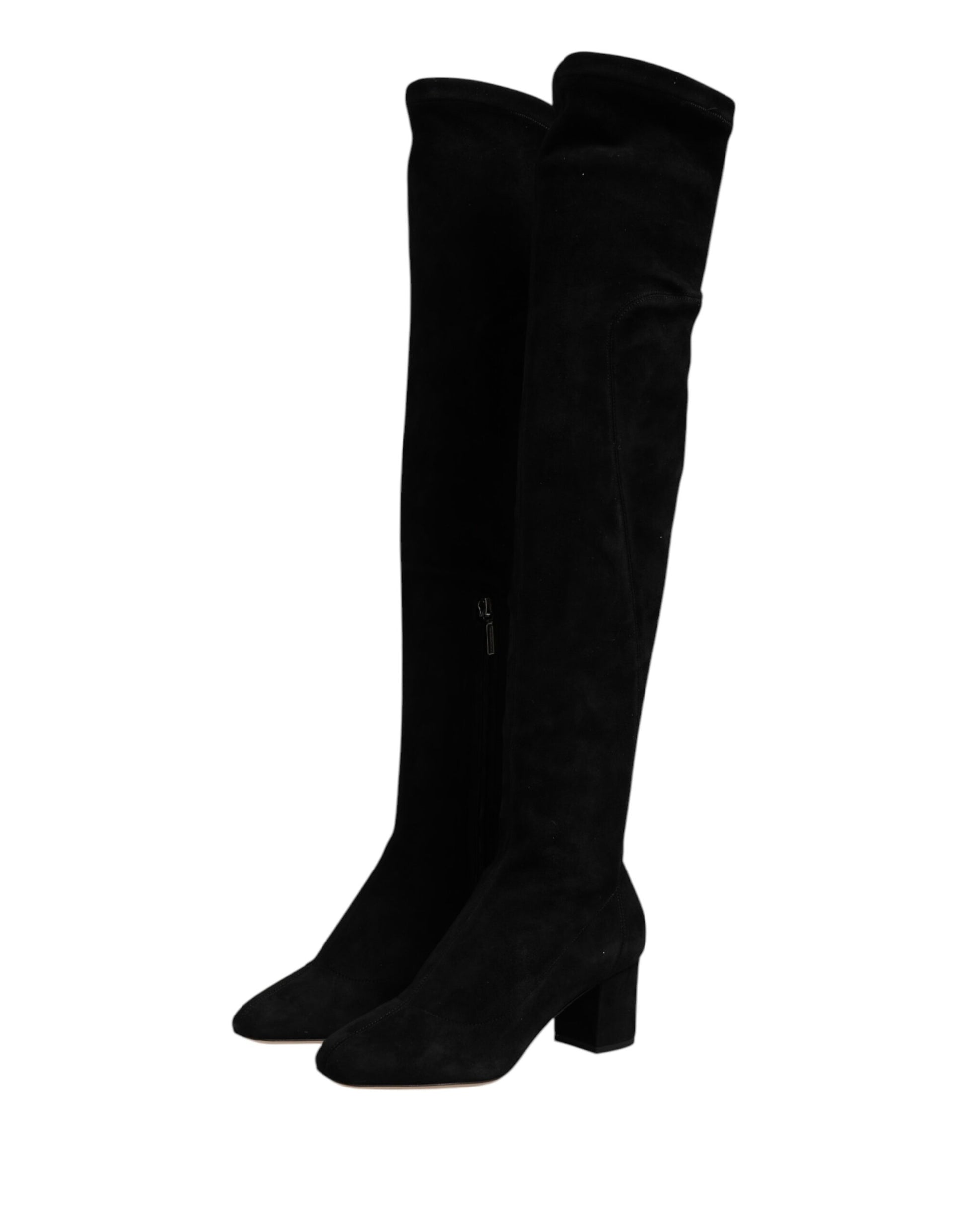 Black Suede Leather Knee High Boots Shoes-Dolce & Gabbana-LabelTerrace.com