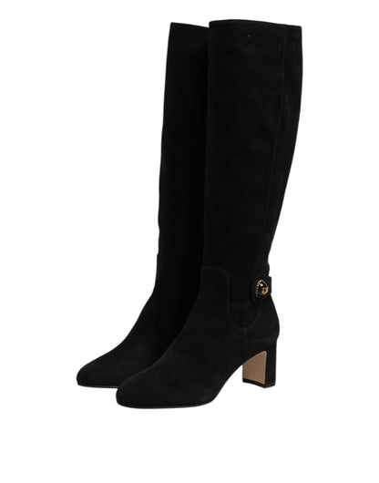 Black Suede Leather Knee High Boots Shoes