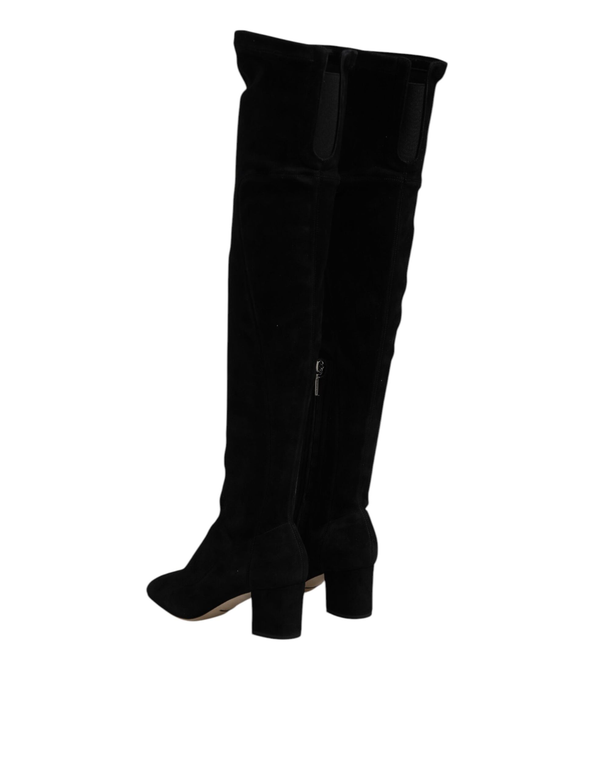 Black Suede Leather Knee High Boots Shoes-Dolce & Gabbana-LabelTerrace.com