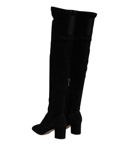 Black Suede Leather Knee High Boots Shoes-Dolce & Gabbana-LabelTerrace.com