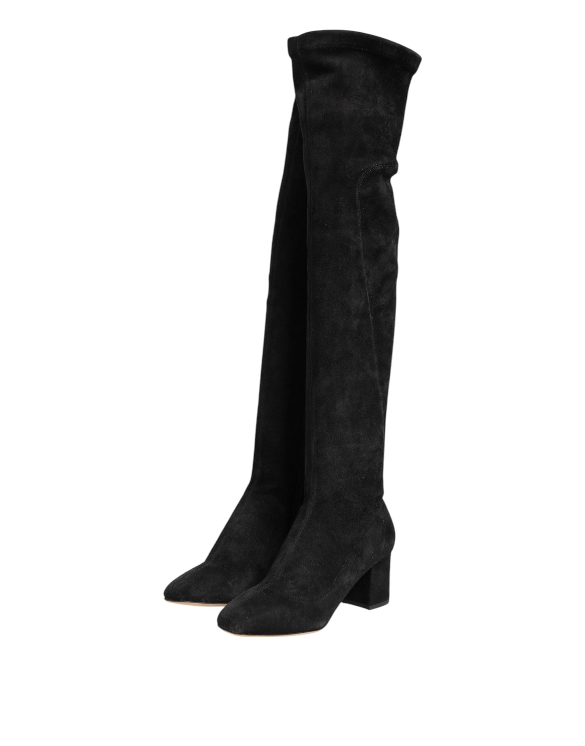 Black Suede Leather Knee High Boots Shoes