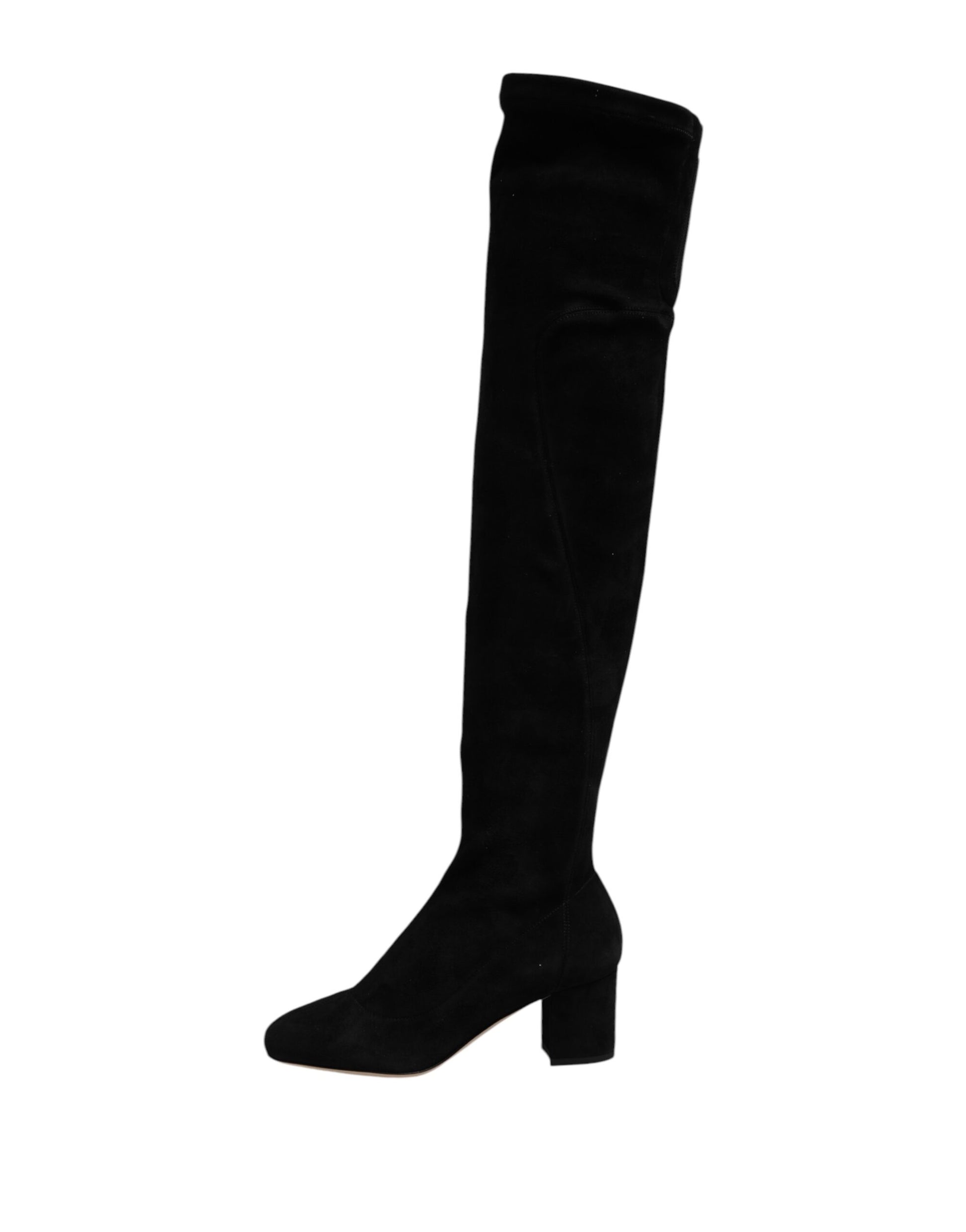 Black Suede Leather Knee High Boots Shoes-Dolce & Gabbana-LabelTerrace.com