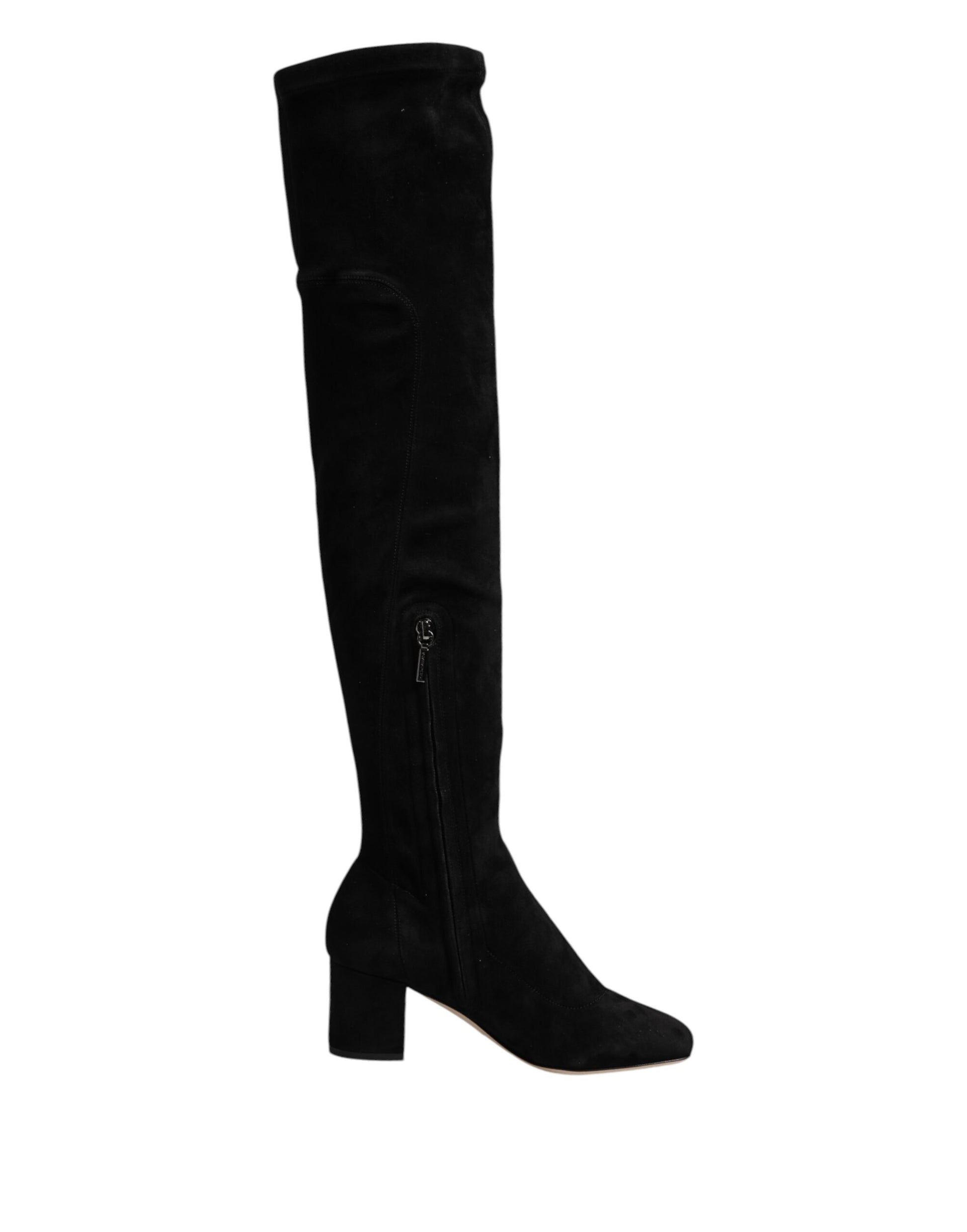 Black Suede Leather Knee High Boots Shoes-Dolce & Gabbana-LabelTerrace.com