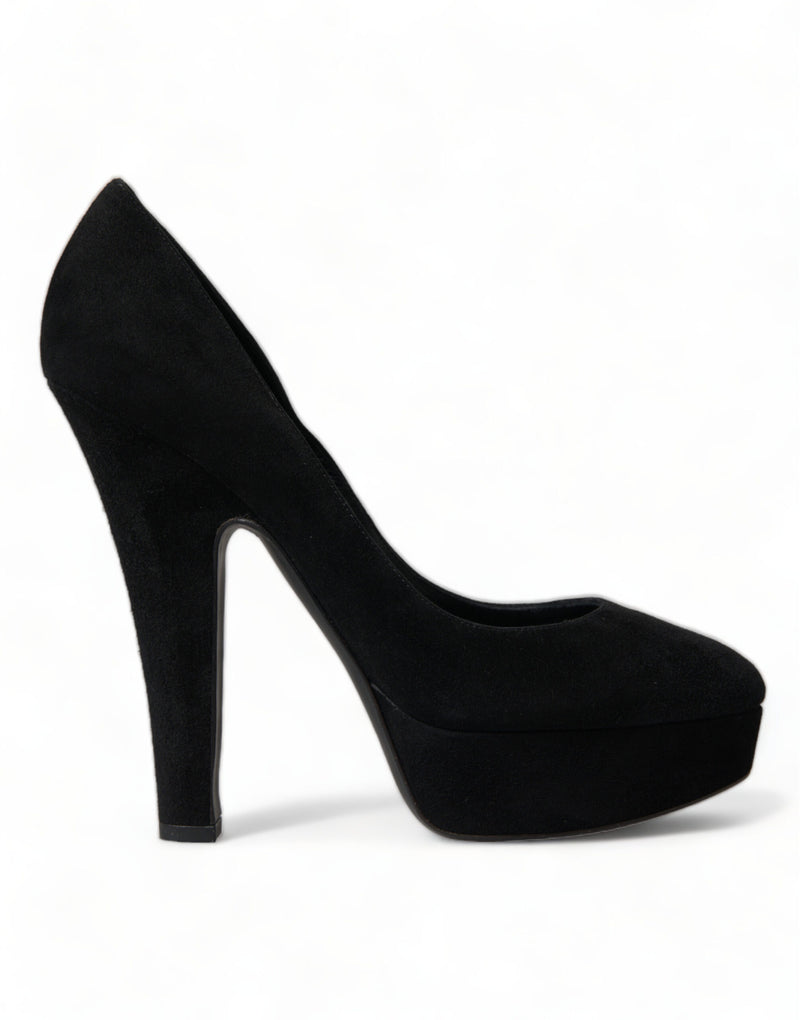Black Suede Leather Platform Heel Pumps Shoes-Dolce & Gabbana-LabelTerrace.com
