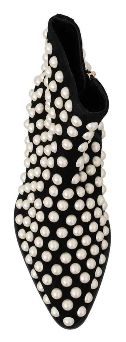 Black Suede Pearl Studs Boots Shoes-Dolce & Gabbana-LabelTerrace.com
