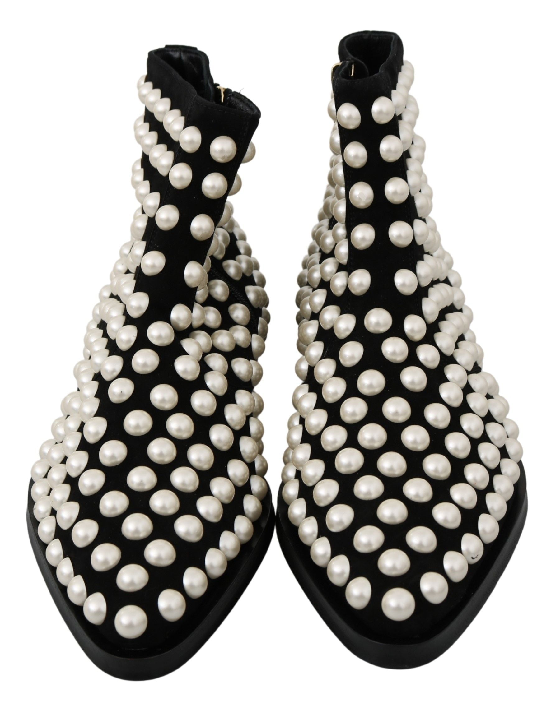 Black Suede Pearl Studs Boots Shoes-Dolce & Gabbana-LabelTerrace.com