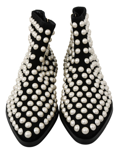Black Suede Pearl Studs Boots Shoes-Dolce & Gabbana-LabelTerrace.com