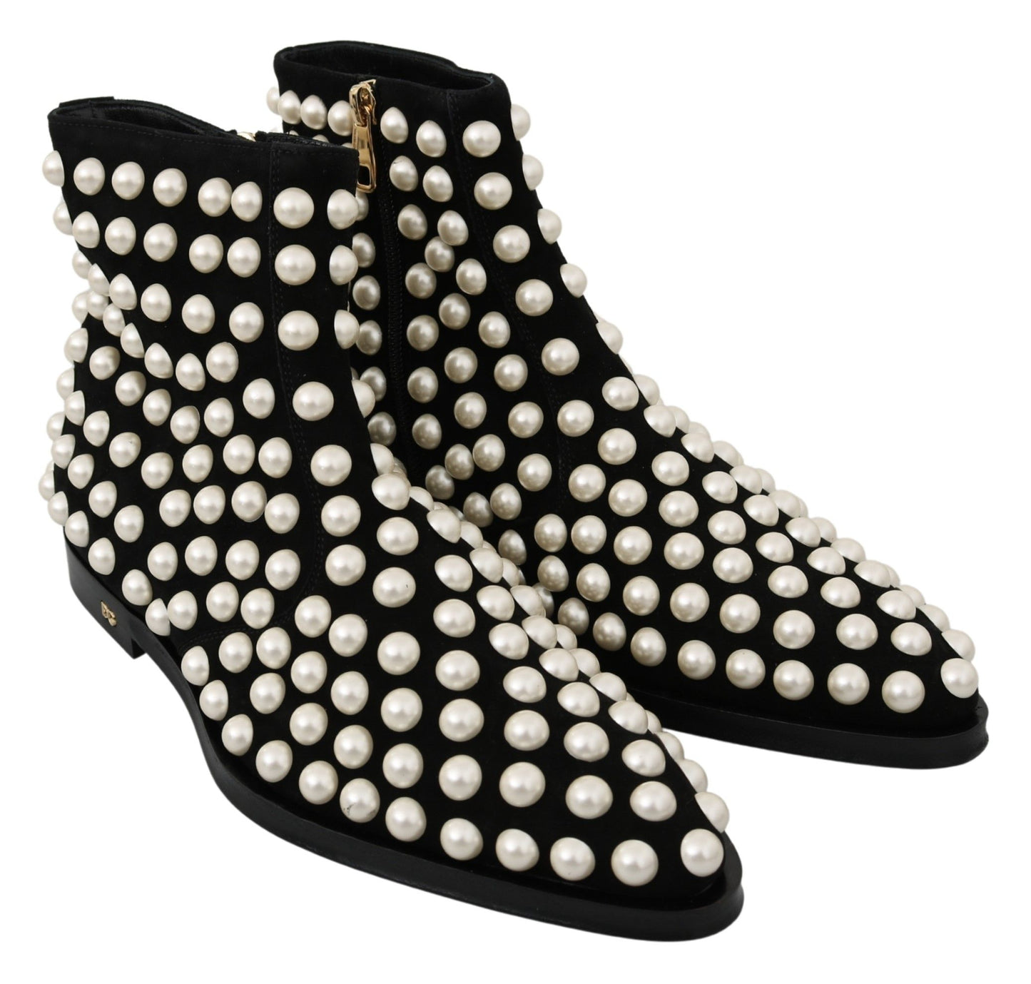 Black Suede Pearl Studs Boots Shoes-Dolce & Gabbana-LabelTerrace.com