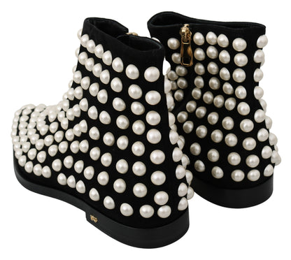 Black Suede Pearl Studs Boots Shoes-Dolce & Gabbana-LabelTerrace.com
