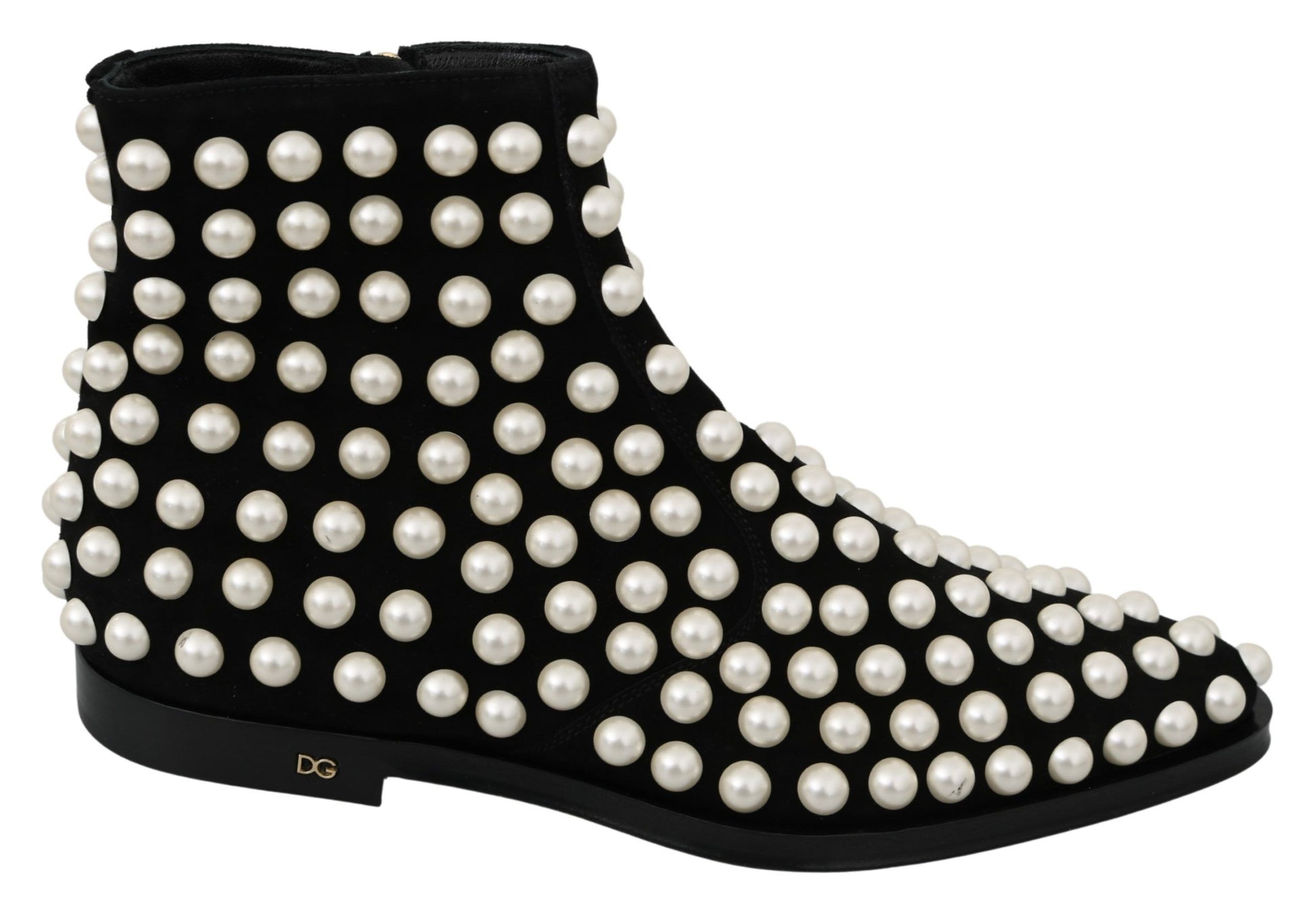 Black Suede Pearl Studs Boots Shoes-Dolce & Gabbana-LabelTerrace.com