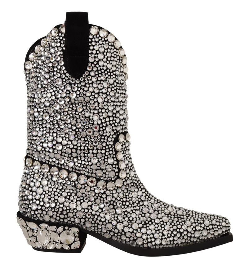 Black Suede Strass Crystal Cowgirl Boots-Dolce & Gabbana-LabelTerrace.com
