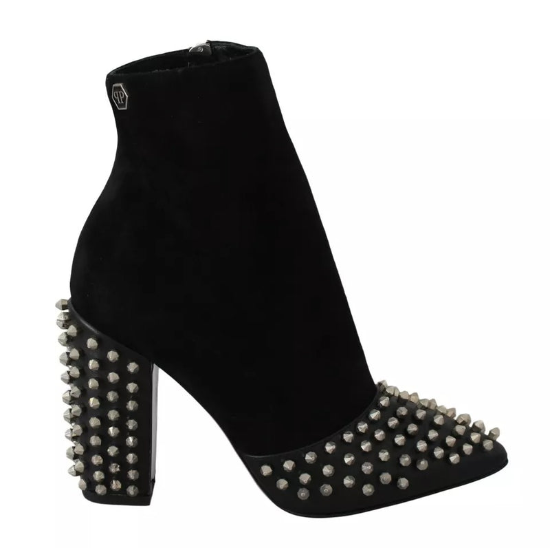 Black Suede Studded Heels Ankle Boots Shoes-Philipp Plein-LabelTerrace.com