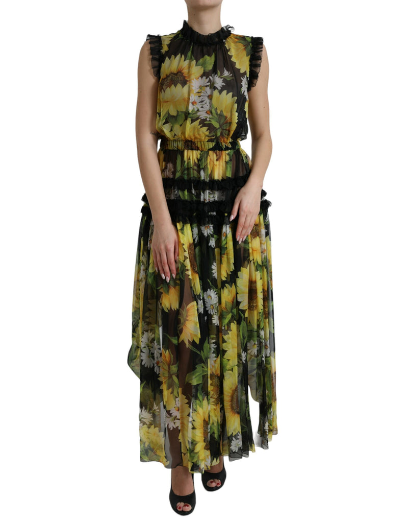 Black Sunflower A-line Pleated Maxi Dress-Dolce & Gabbana-LabelTerrace.com