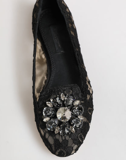 Black Taormina Lace Crystals Flats Shoes-Dolce & Gabbana-LabelTerrace.com
