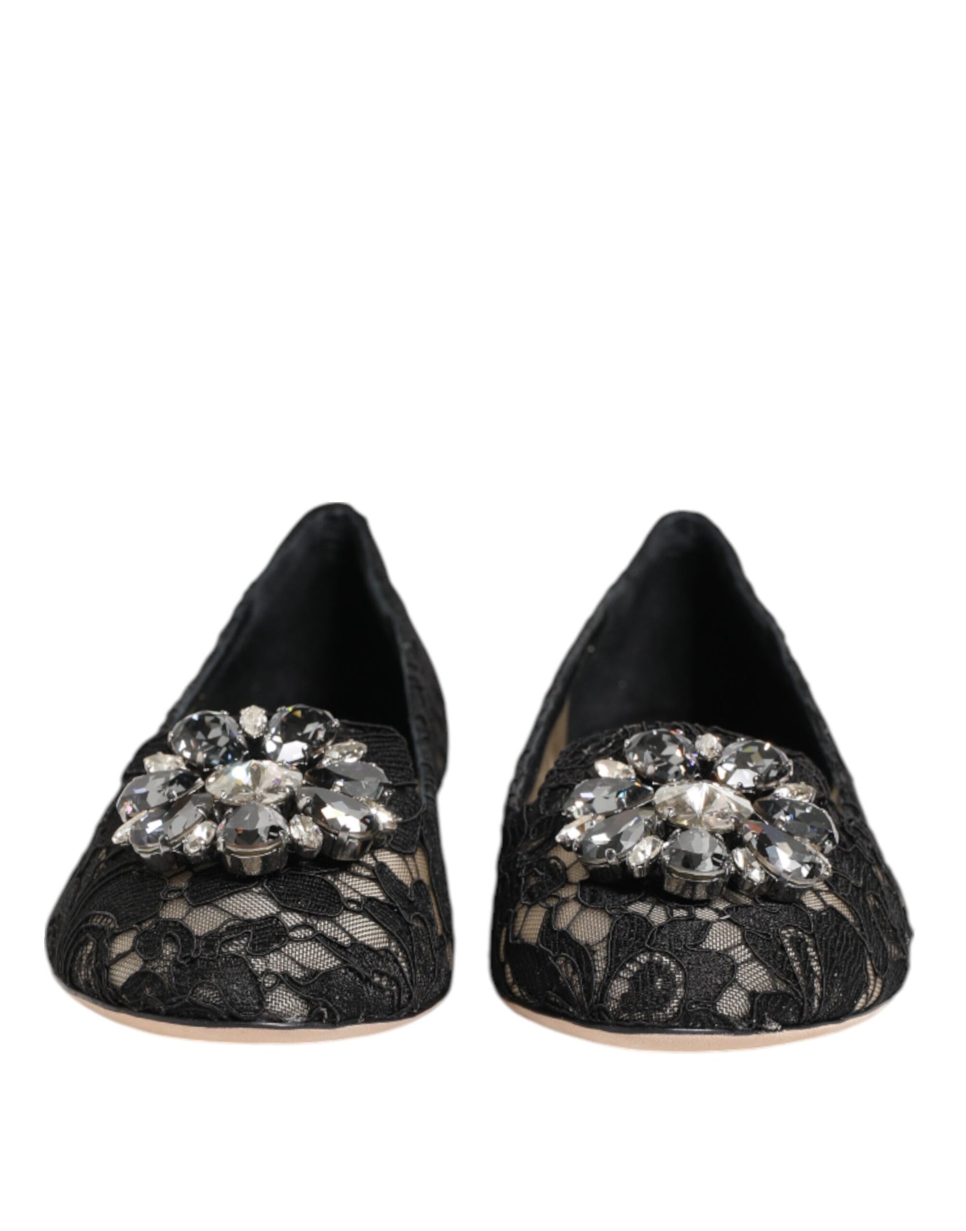 Black Taormina Lace Crystals Flats Shoes-Dolce & Gabbana-LabelTerrace.com