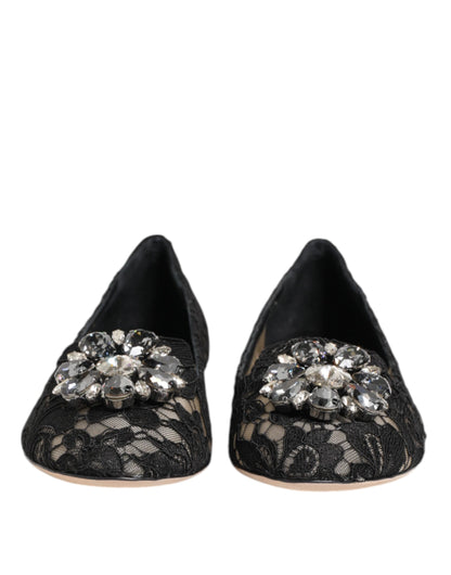 Black Taormina Lace Crystals Flats Shoes-Dolce & Gabbana-LabelTerrace.com