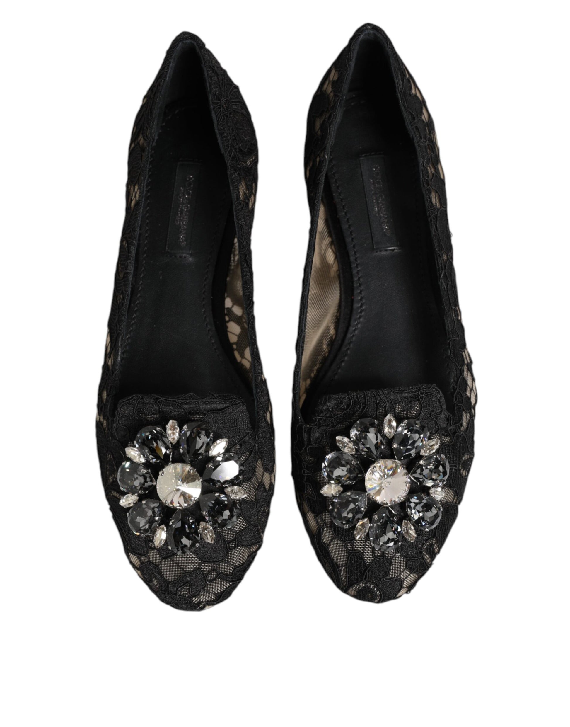 Black Taormina Lace Crystals Flats Shoes-Dolce & Gabbana-LabelTerrace.com
