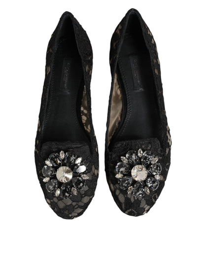 Black Taormina Lace Crystals Flats Shoes-Dolce & Gabbana-LabelTerrace.com