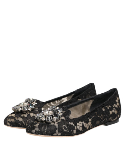 Black Taormina Lace Crystals Flats Shoes-Dolce & Gabbana-LabelTerrace.com