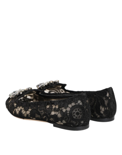 Black Taormina Lace Crystals Flats Shoes-Dolce & Gabbana-LabelTerrace.com