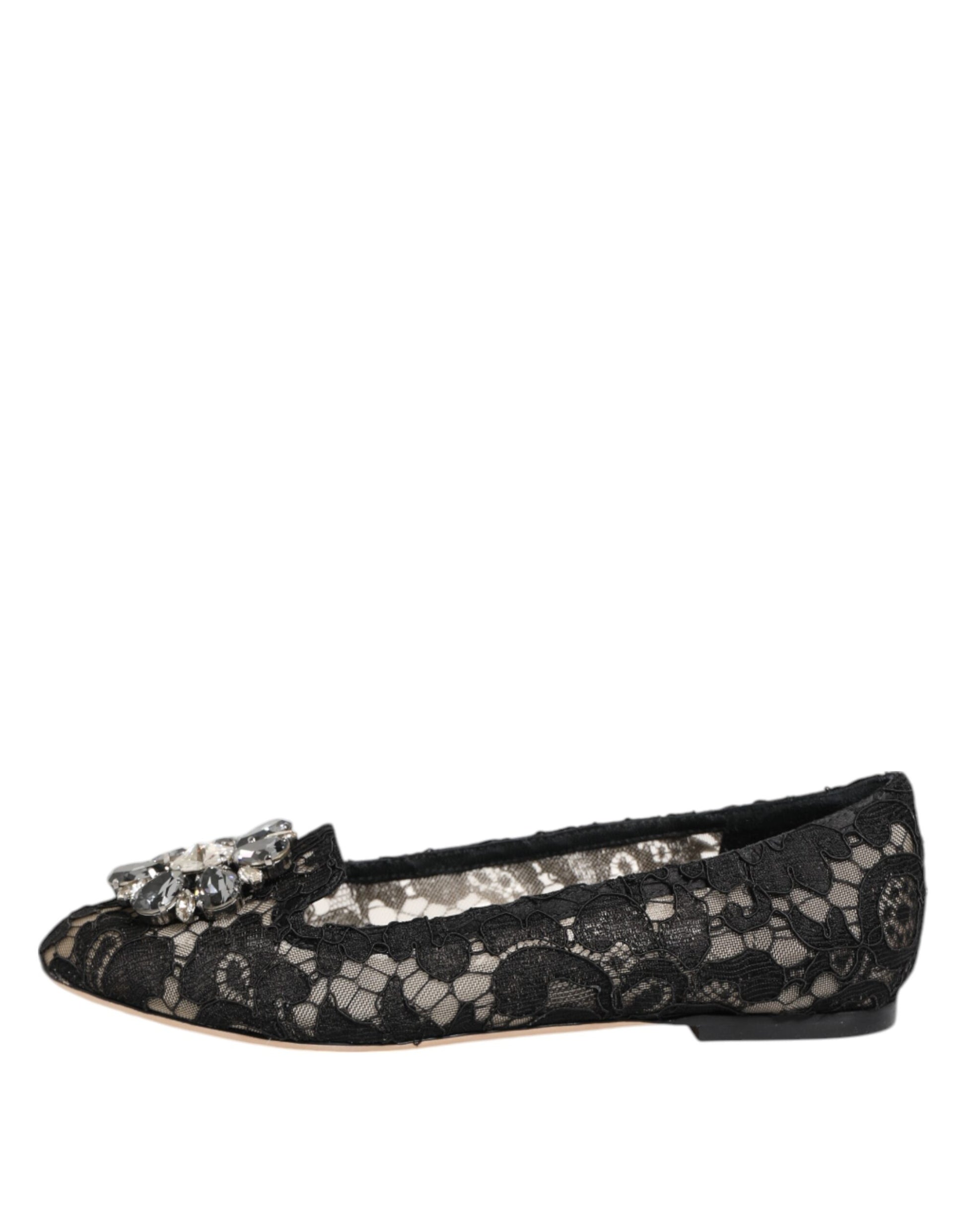 Black Taormina Lace Crystals Flats Shoes-Dolce & Gabbana-LabelTerrace.com