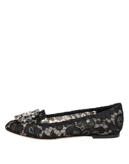 Black Taormina Lace Crystals Flats Shoes-Dolce & Gabbana-LabelTerrace.com