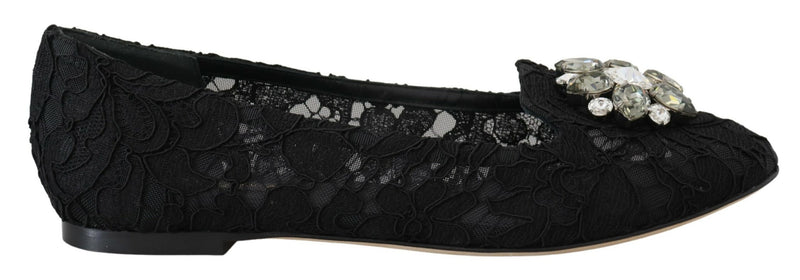 Black Taormina Lace Crystals Flats Shoes-Dolce & Gabbana-LabelTerrace.com