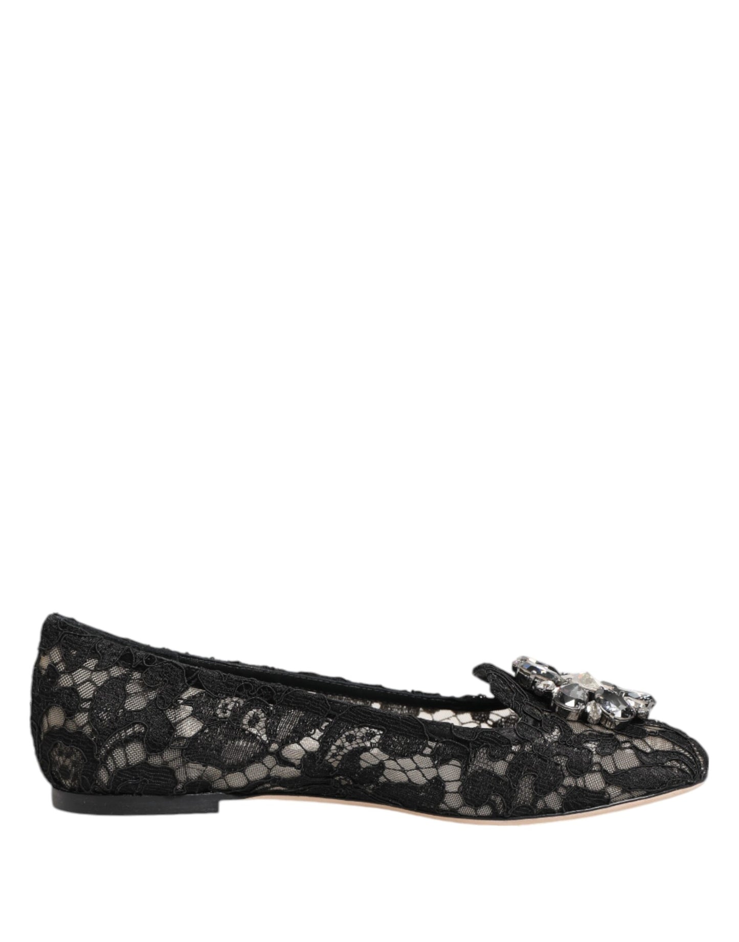 Black Taormina Lace Crystals Flats Shoes-Dolce & Gabbana-LabelTerrace.com