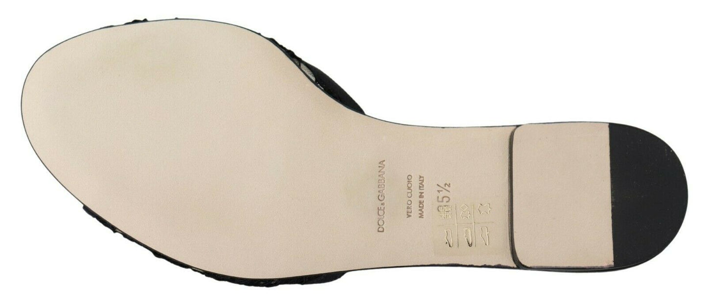 Black Taormina Lace Slides Crystals Flats Shoes