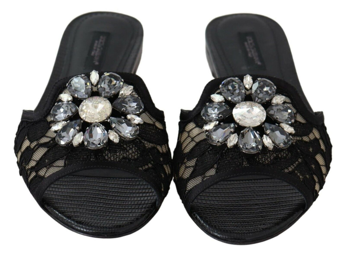 Black Taormina Lace Slides Crystals Flats Shoes