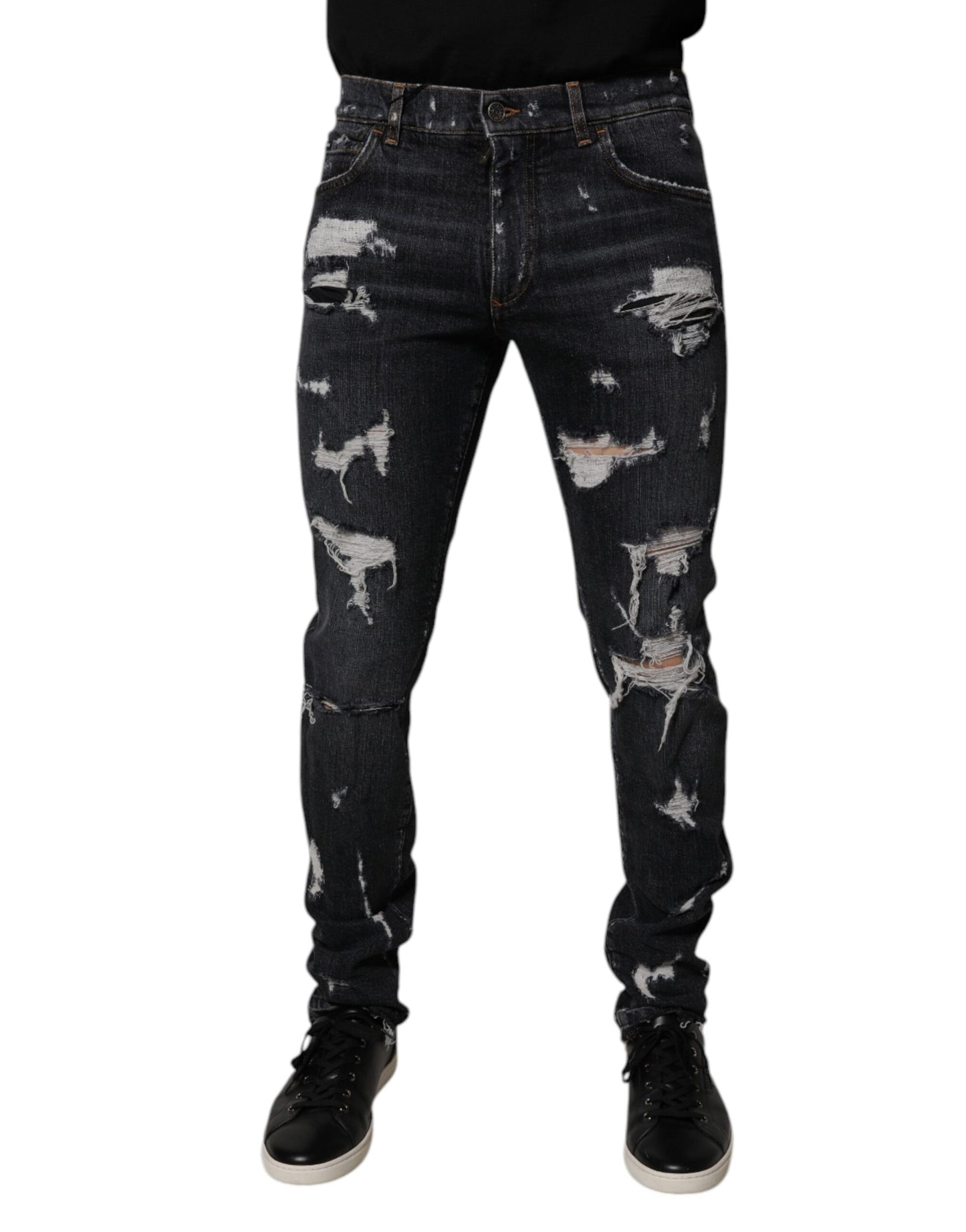 Black Tattered Cotton Skinny Men Denim Jeans-Dolce & Gabbana-LabelTerrace.com