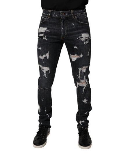 Black Tattered Cotton Skinny Men Denim Jeans-Dolce & Gabbana-LabelTerrace.com